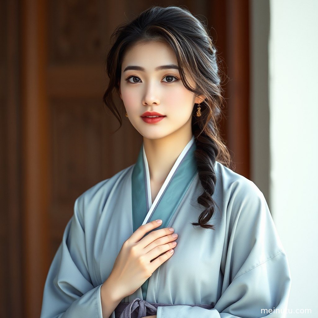 成年女性以全身构图呈现汉服造型，画面突出服饰轮廓与整体氛围。